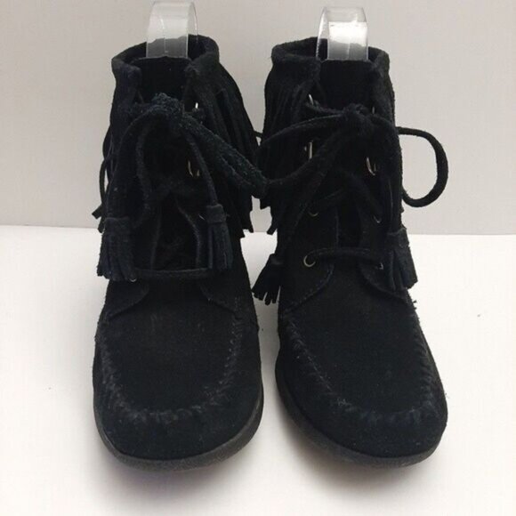 MINNETONKA Fringe Suede Lace-Up Wedge Heel Booties Black Size 6.5 - Picture 5 of 16